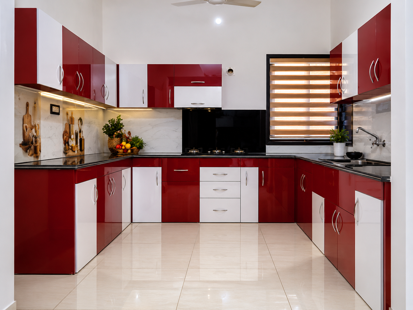 Ruby red and white custom aluminium modular kitchen fabricated by Lotey Metalcrafts Ludhiana